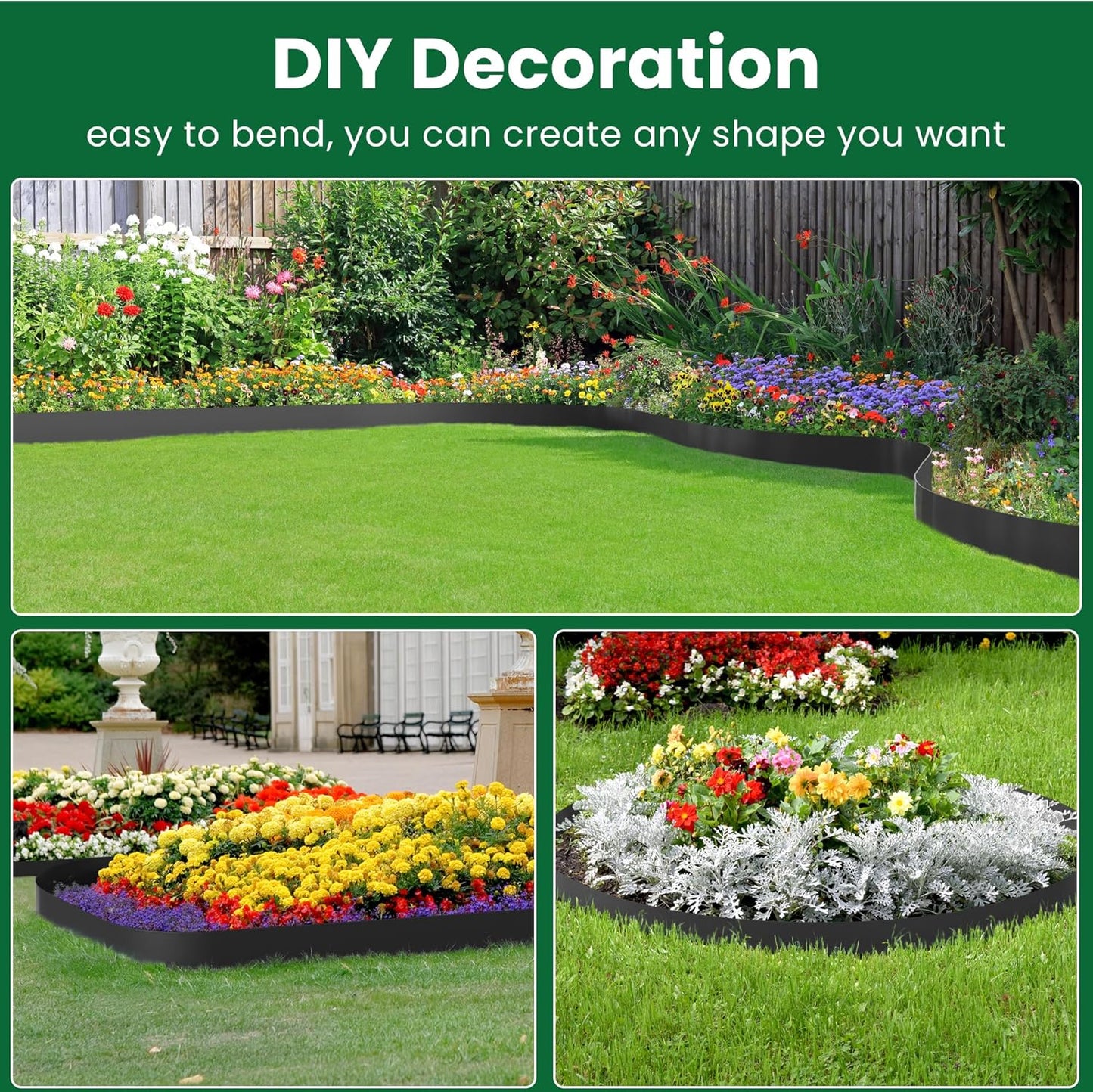 Landscape Edging, 33' 4" Tall Garden Edging with Scissors, Lawn Edging with 30 Garden Spikes and 2 Connectors, Heavy Duty PP&PE Material Edging for Landscaping, Garden, Lawn, Black