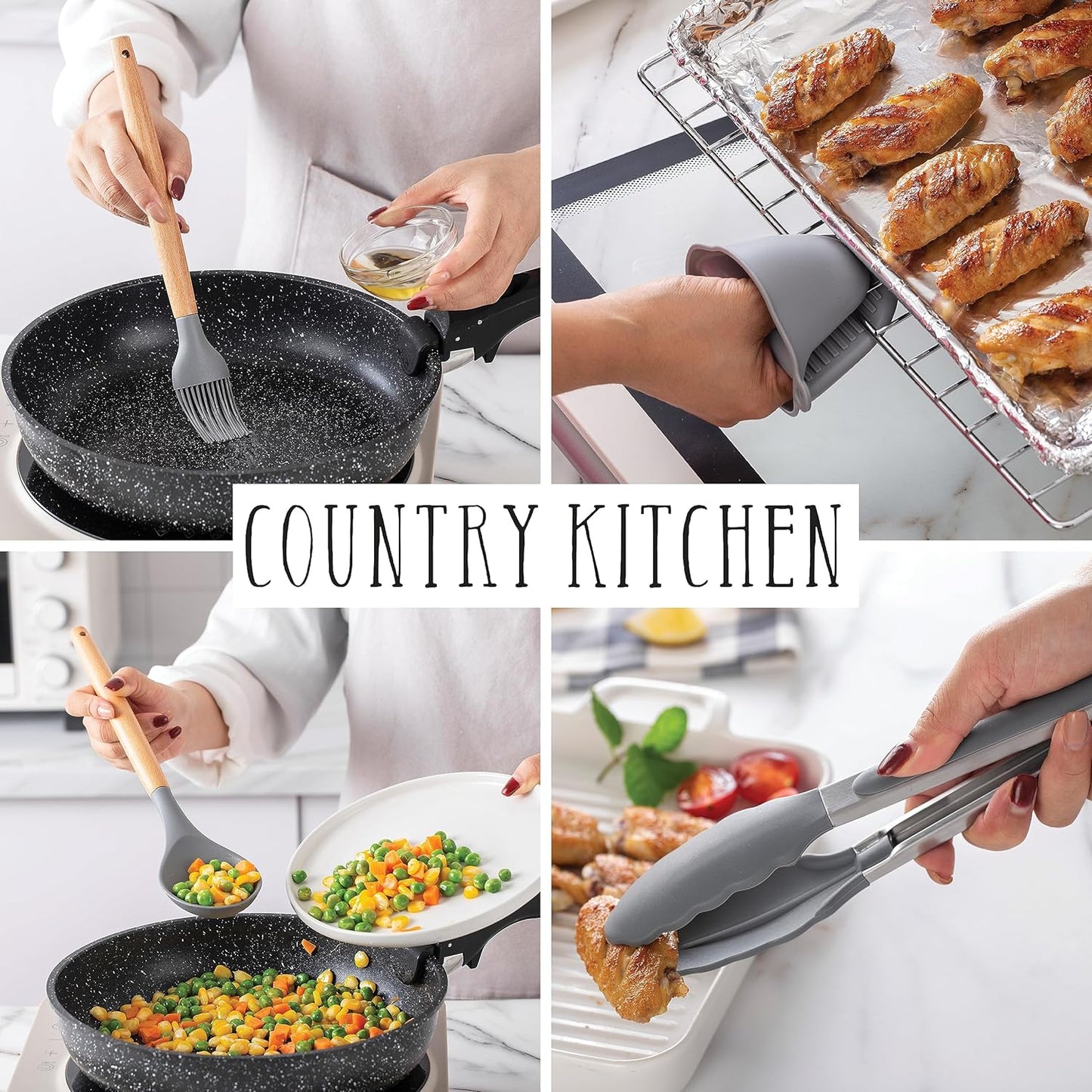 Country Kitchen Non Stick Silicone Utensil Set with Rounded Wood Handles for Cooking and Baking, 38 Piece Set, Gray