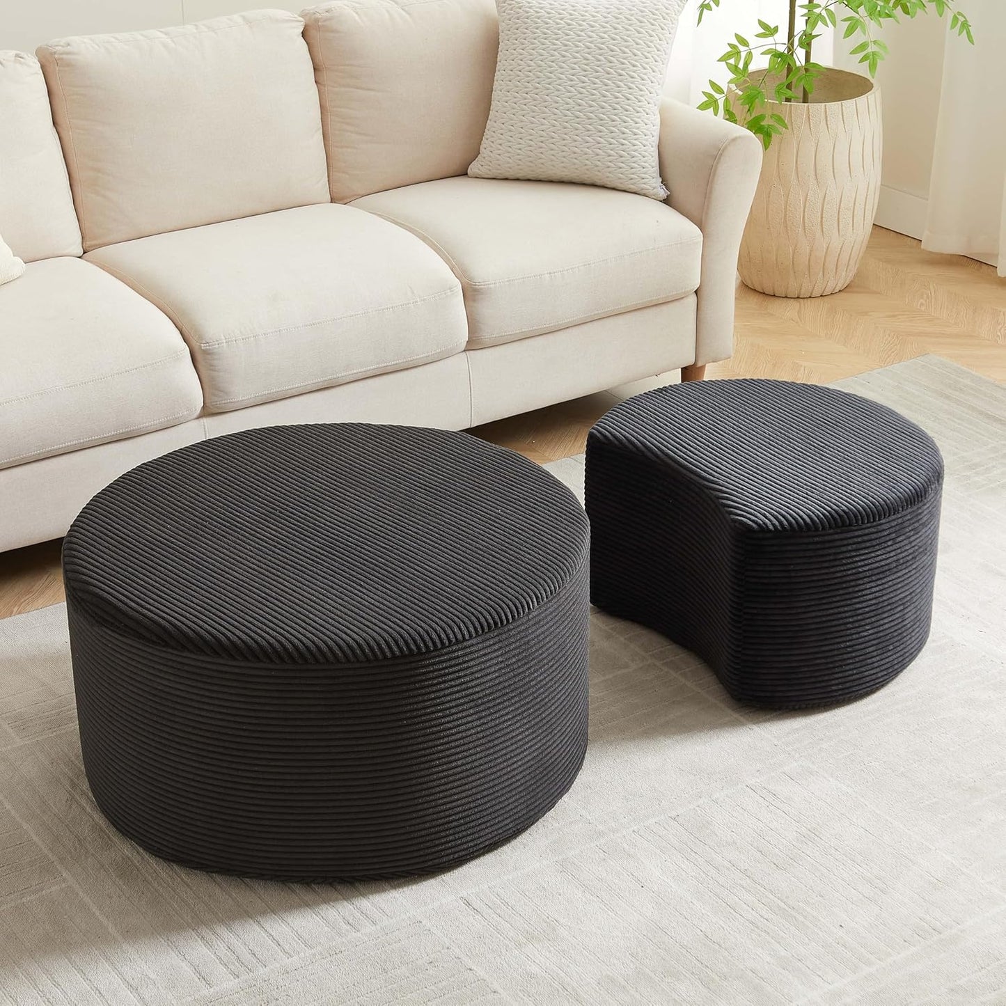WILLIAMSPACE 50" Foam Nesting Coffee Table Set of 2, Modern Upholstered Round Center Tables for Living Room, Accent Side Tea Table Ottoman, No Assembly - Black