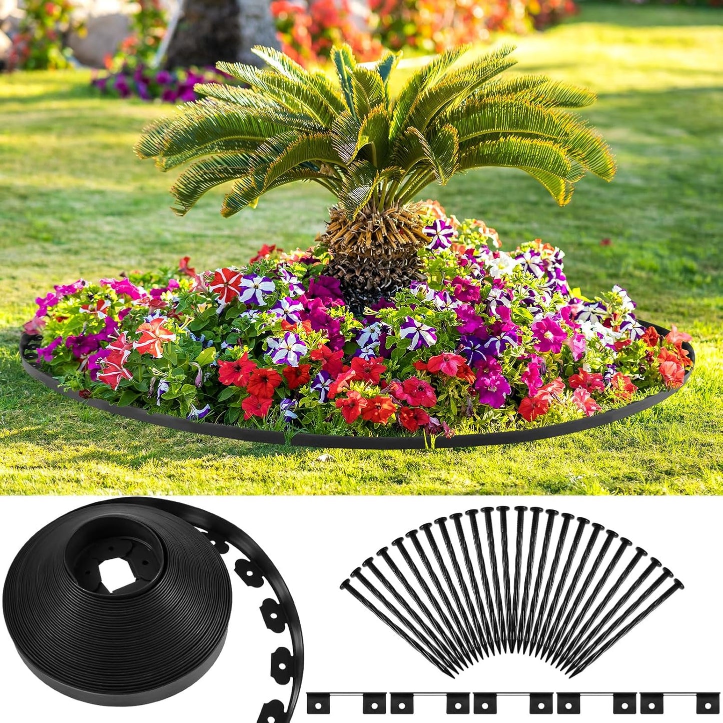 Sasylvia 2'' x 200' Landscape Edging Kit Edging Border Coil Include Anchoring Spikes 10 Connectors Plastic Garden Border for Lawn Garden Grass Yard Home(Black)