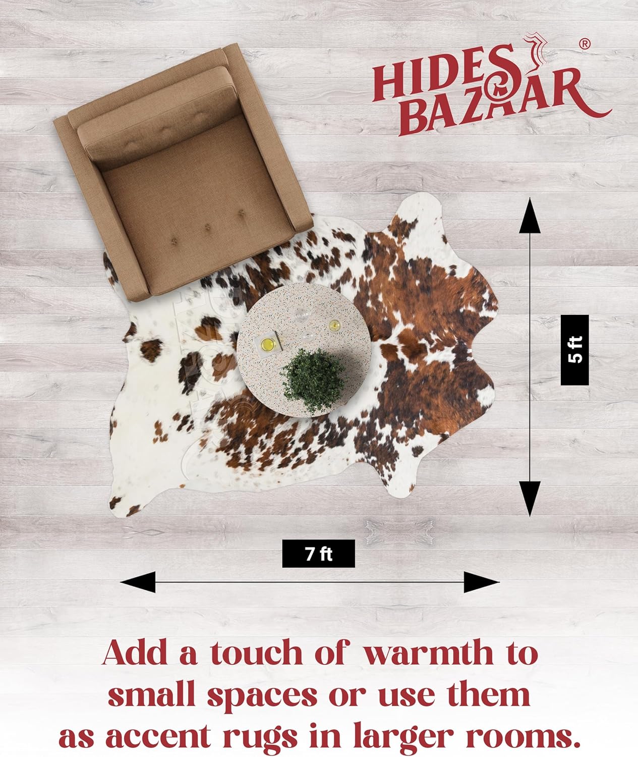 Natural Cowhide Rug for Home & Office Premium Light Tricolor Cowhide Rug with Mixed Brown, Black & White Patterns - Cow Hide Rugs Made with Tanned Leather - Cow Hide Rugs 5x7 ft