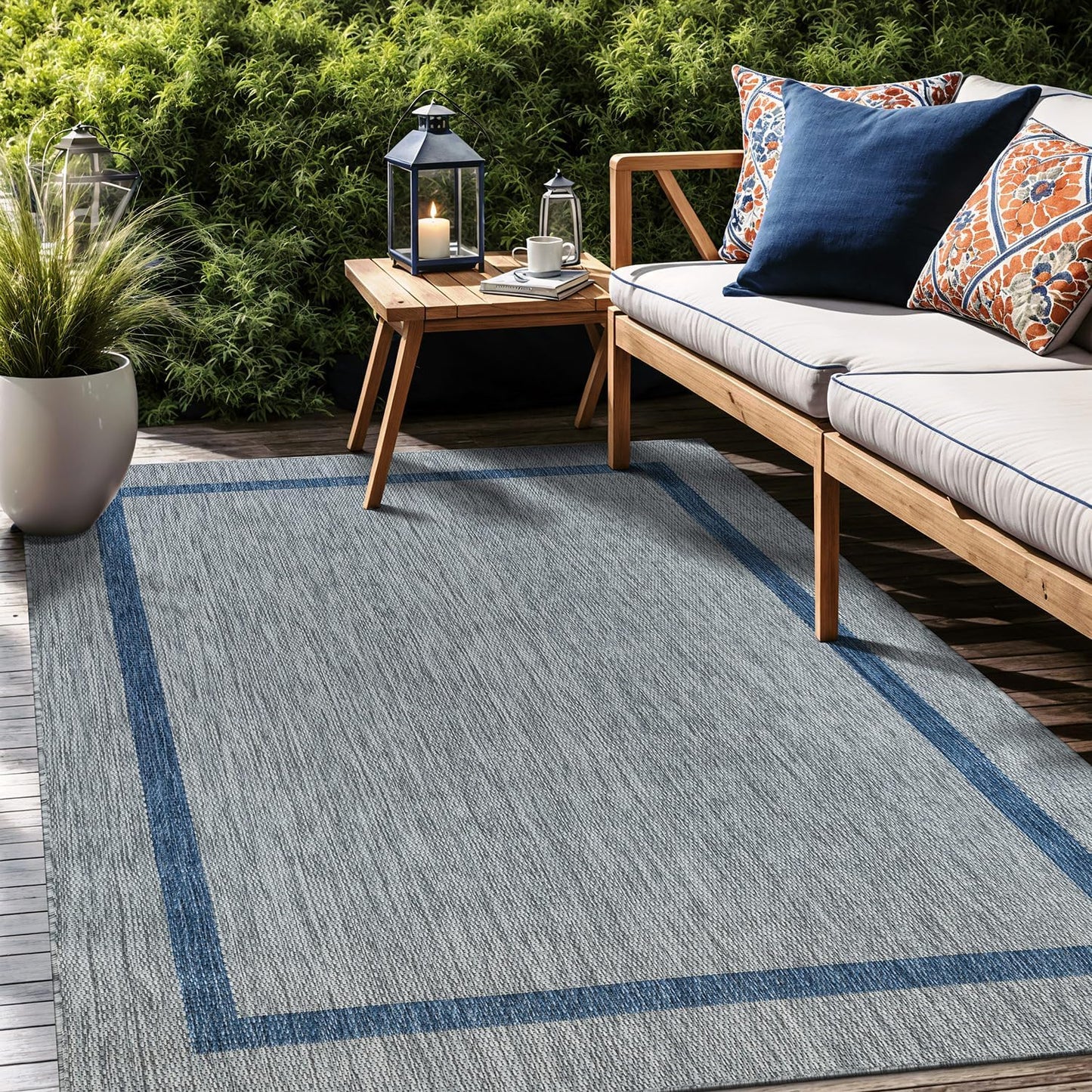 Bordered Outdoor Rug 5x7 Washable Outside Carpet for Indoor Patio Porch Waterproof Easy Cleaning Non Shedding Area Rugs Silver Gray - Blue 5 x 7