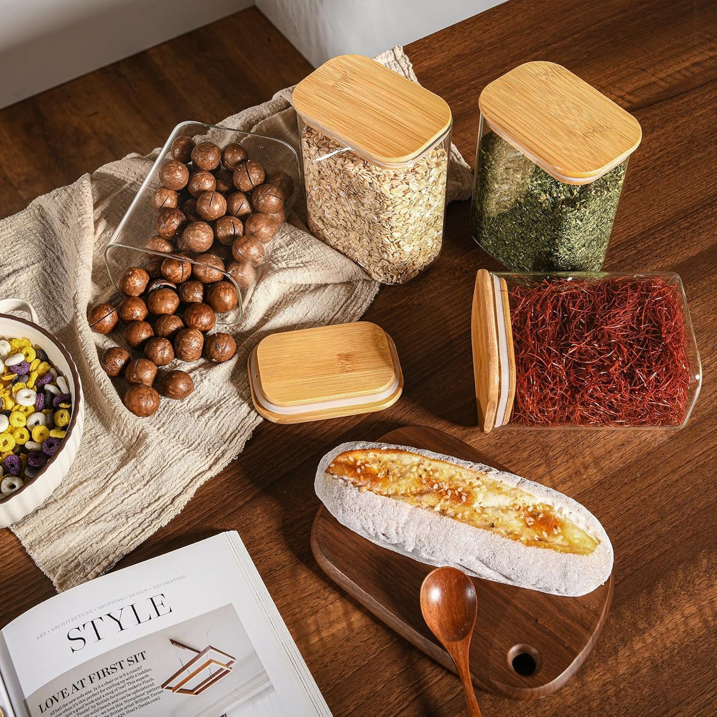 37oz Rectangle Airtight Glass Storage Containers with Bamboo Lids (Set of 6), Square Food Storage Jar, Pantry Organizers for Cereal, Nuts, Snacks and Coffee beans (with Black Lable)