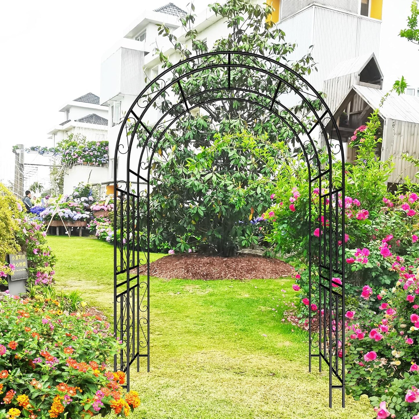 Metal Garden Arch 90.55" H Garden Arbor Trellis Climbing Plants Support Pattern Arch Outdoor Lawn Wedding Party Events Archway Black