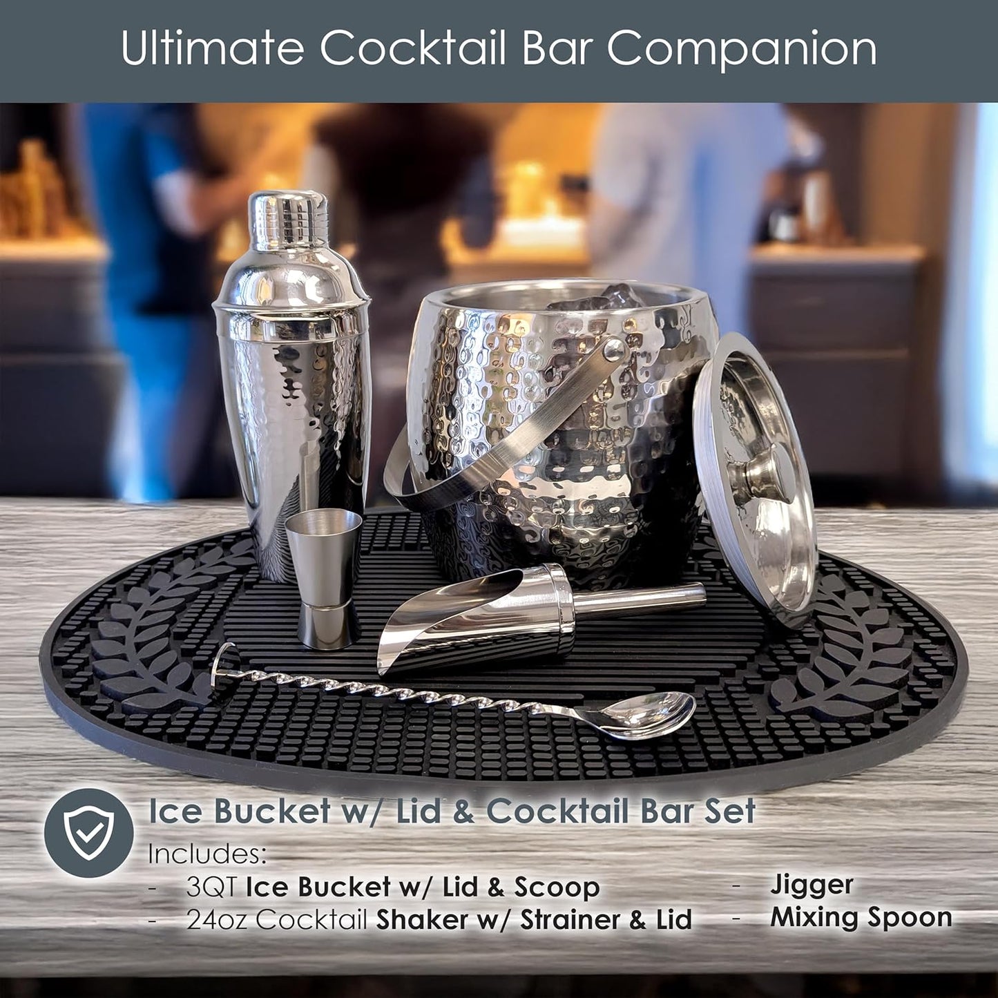 BREKX Insulated Ice Bucket for Cocktail Bar with Drink Shaker 5-Piece Cocktail Set for Parties with Lid and Scoop - Bartender Accessories, Bartending Kit for Home Bar or Gifting