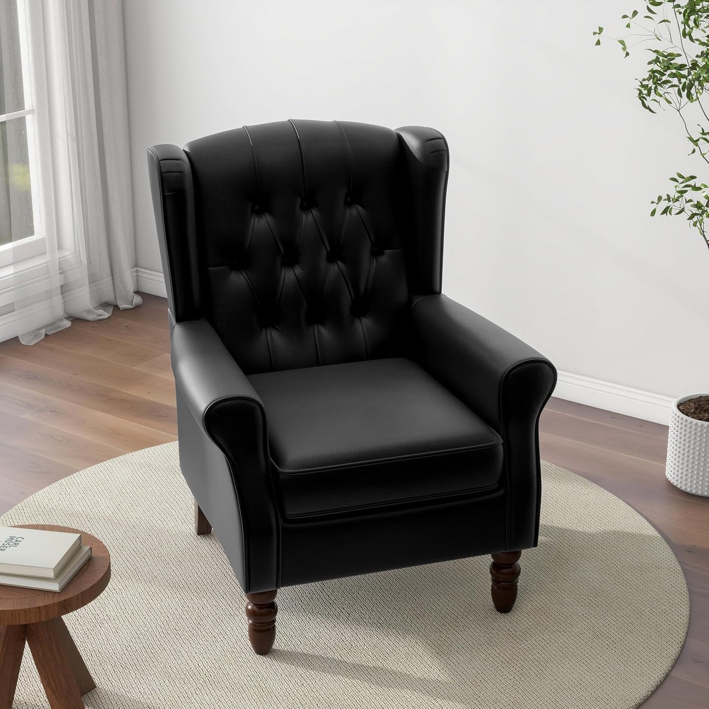 Accent Chair, Upholstered Armchair with Button Tufted High Back & Solid Wood Legs, Comfy Wingback Reading Single Sofa Chair for Small Spaces, Living Room, Bedroom (Leather Black, Set of 1)