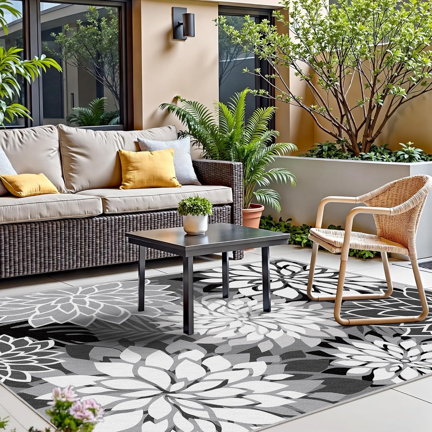 Indoor Outdoor Area Rug Washable Multicolored Rug Tropical Botanical Modern Floral Indoor Outdoor Carpet Black White Rug Non Slip Non Shedding for Patio, Deck, Backyard, Porch (9x12)