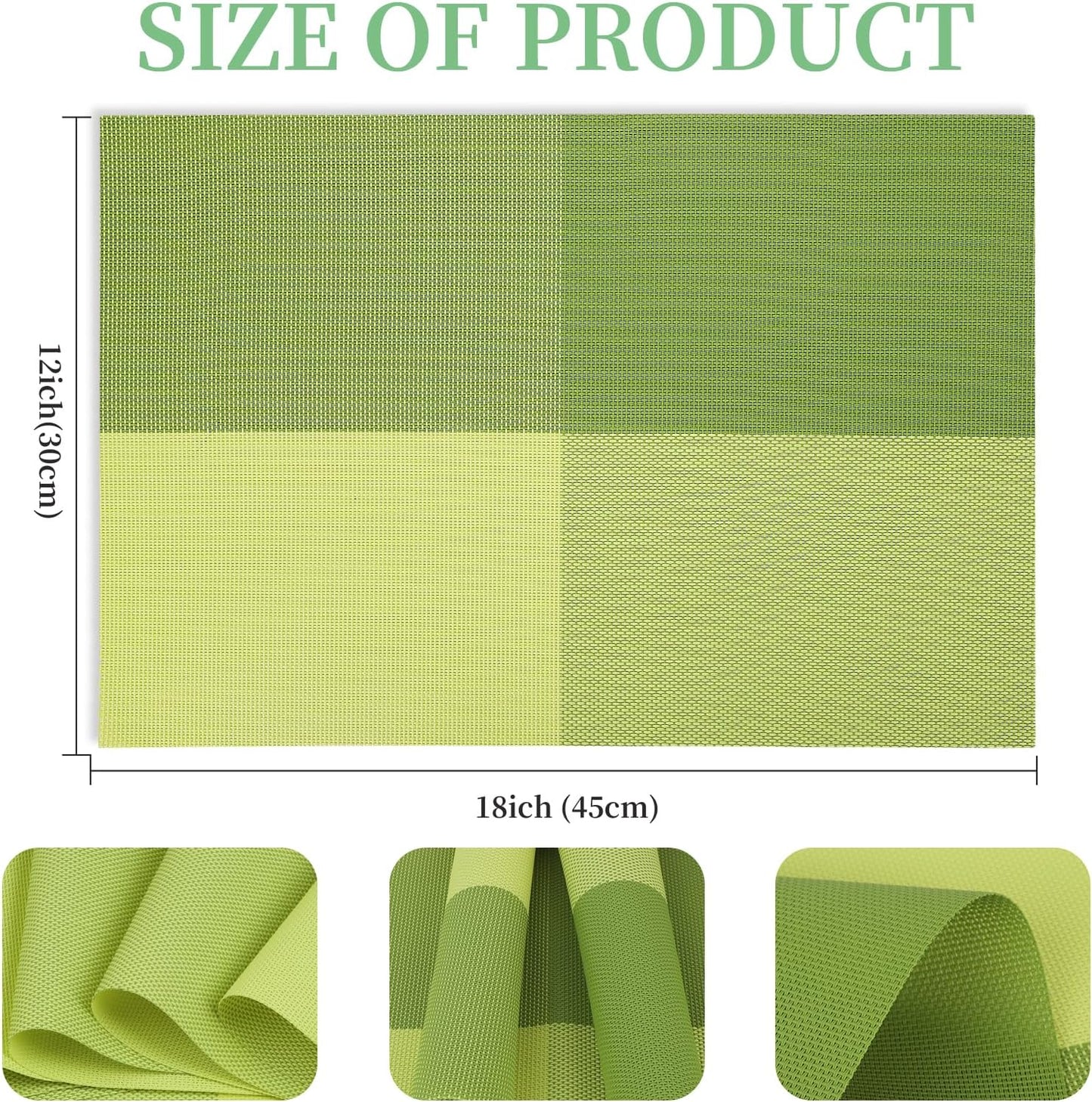 Vinyl Plastic Placemats Set of 6 Washable Heat Resistant Non-Slip Elegant Indoor Outdoor Kitchen Dining PVC Woven Table Place Mats (Matcha Green Lattice Block)