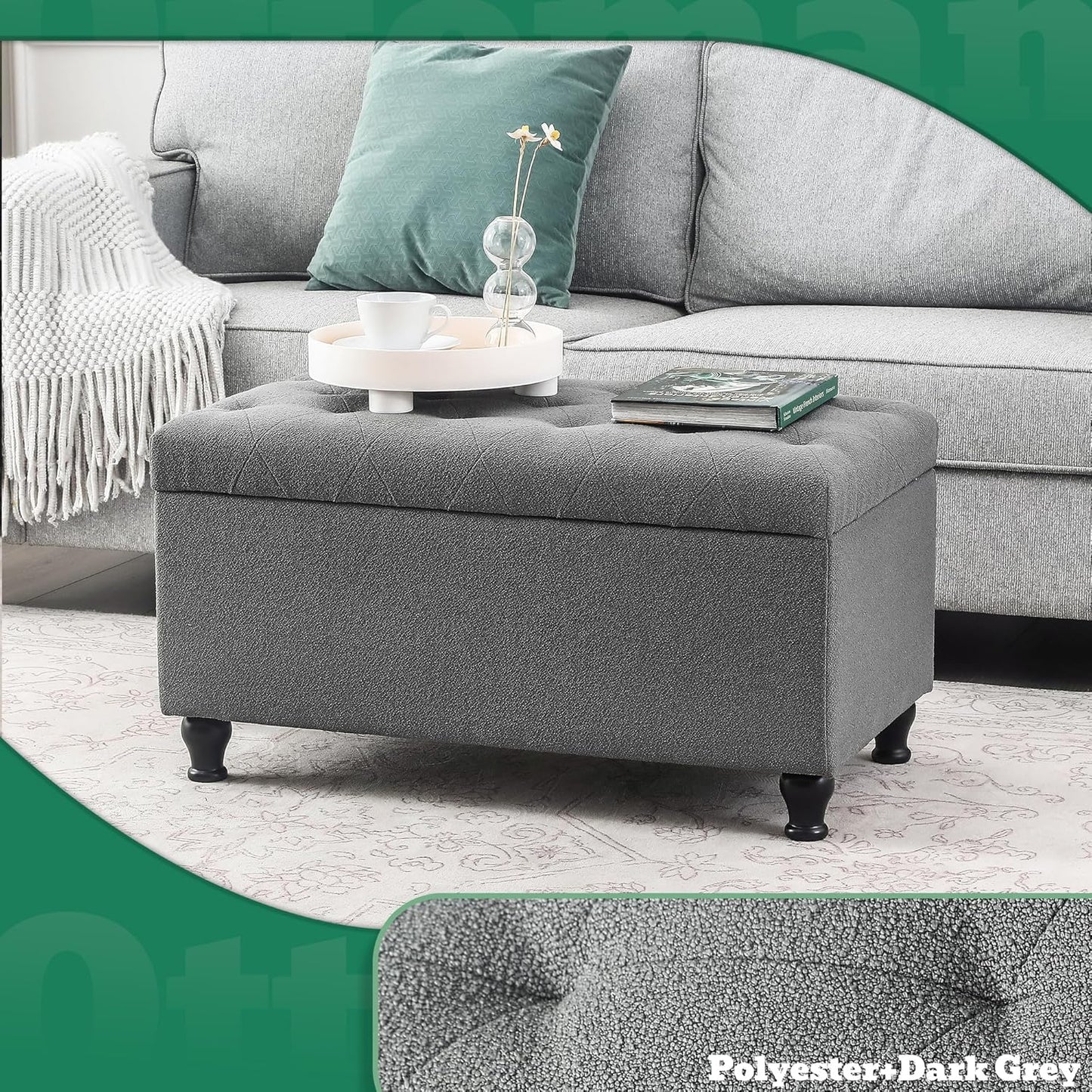 Ottoman with Storage 32'' Ottoman Storage Bench Fabric Ottomans Footstools Upholstered Foot Rest Stool for Couch, Living Room, Bedroom, Entrance Shoe Bench Gray