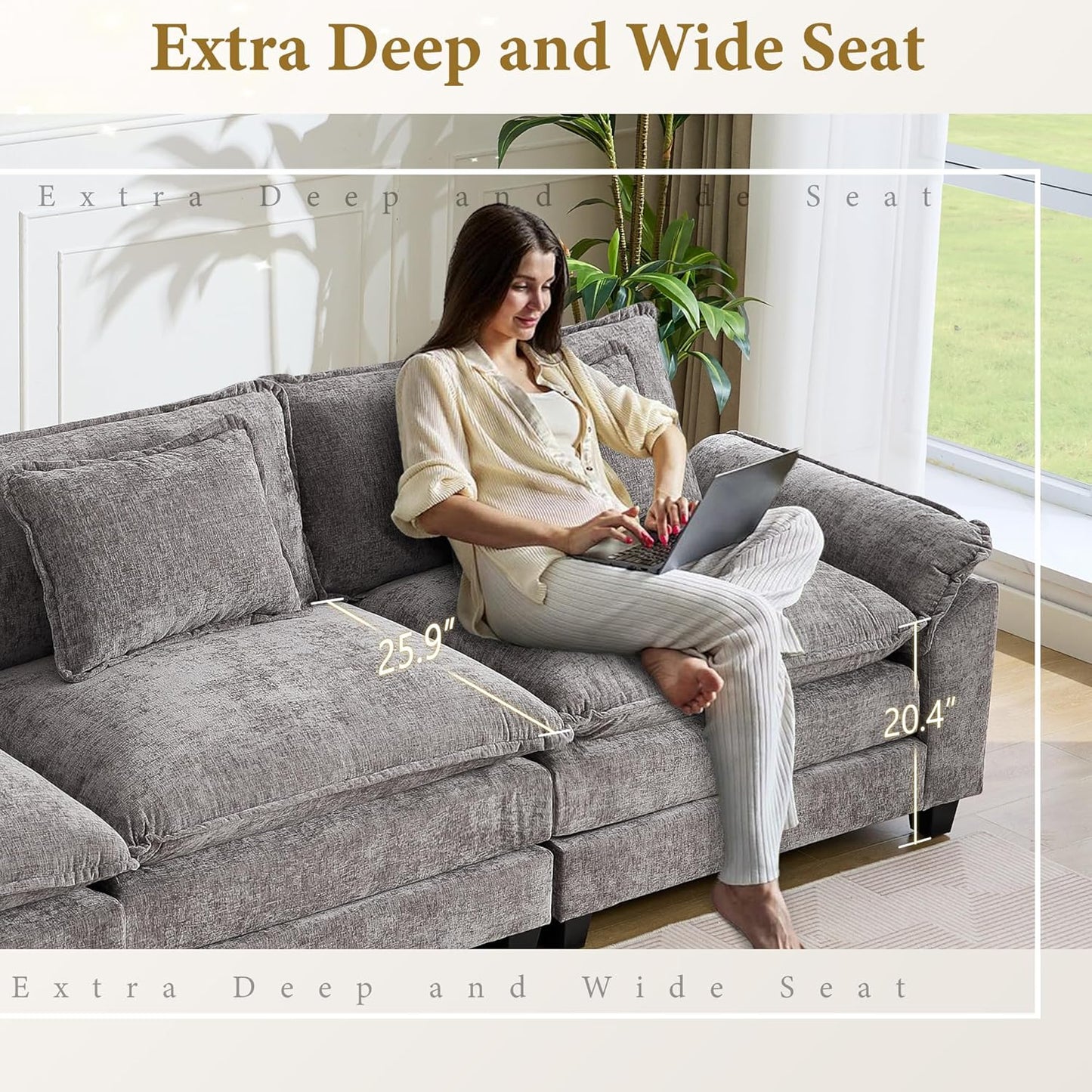 URRED Modular Sectional Sofa Comfy Cloud Couch, Modern Chenille Sofa Sleeper Deep Seat Couches with Ottoman/Pillows for Living Room (Gray, 117'')