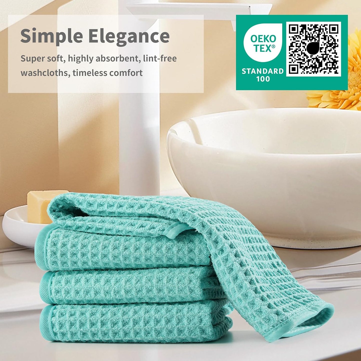 Microfiber Waffle Face Towels, 2 Pieces, Soft, Absorbent, Fast Drying, Lint Free (Turquoise)