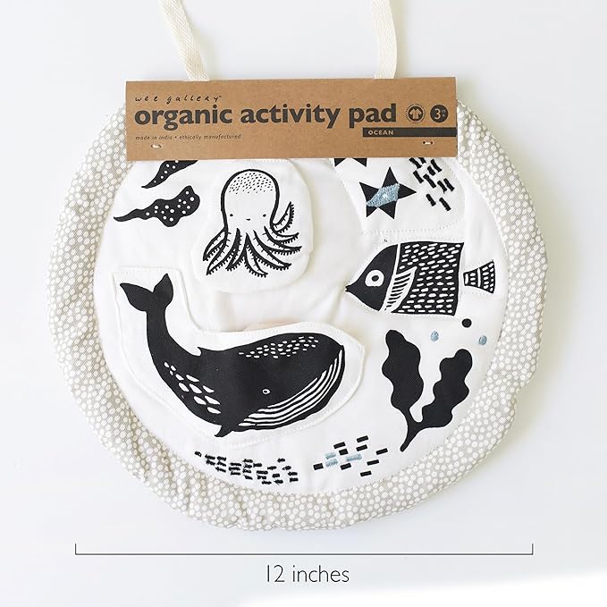 Wee Gallery Ocean Activity Pad Organic Baby Play Mat with Sensory Toys, High Contrast Newborn Essentials Soft Tummy Time Mat for Babies 0-12 Months, Visual and Motor Skill Development Toy