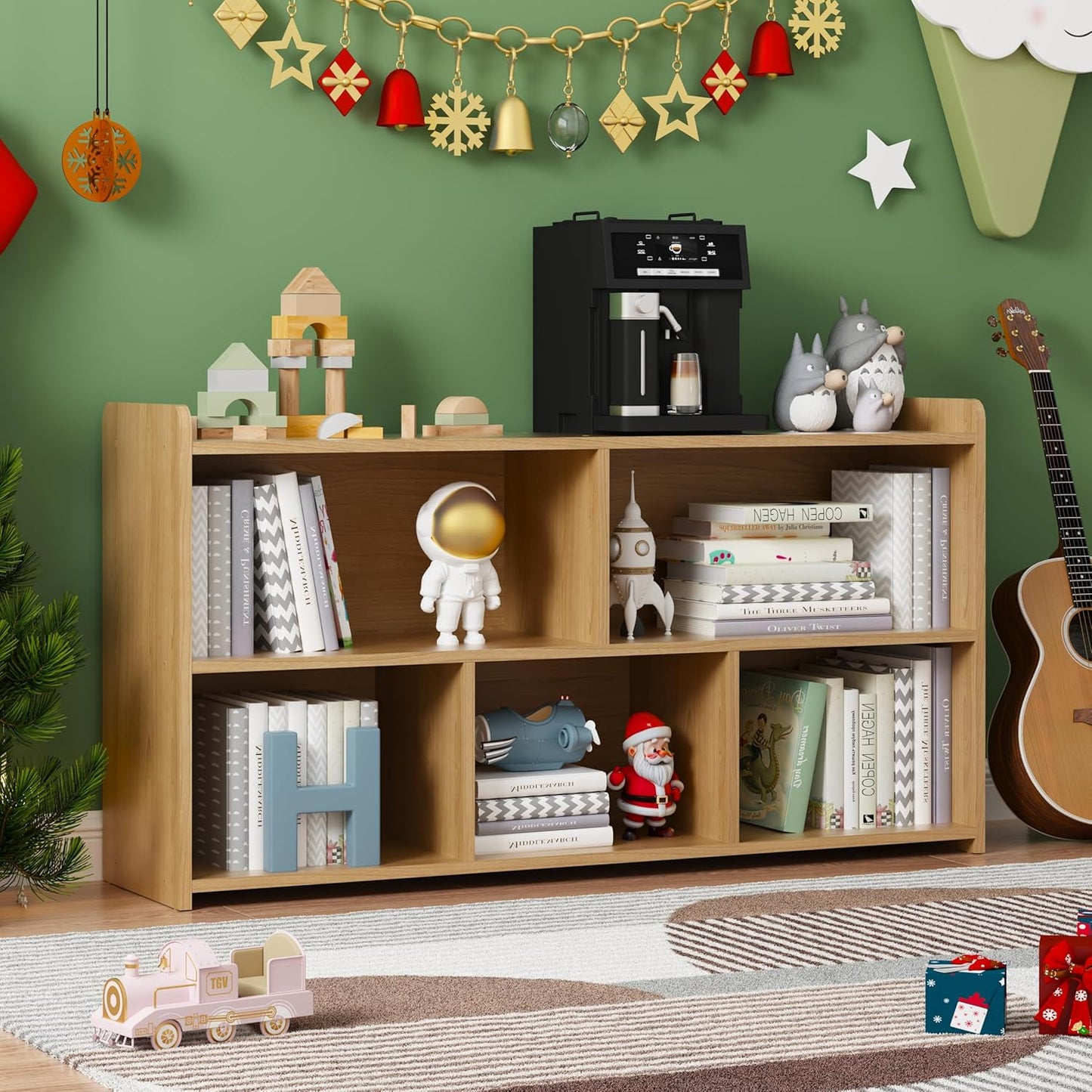 Book Shelf Set of 2, 5 Cubes Storage Organizer, Freestanding Log Bookshelf Cube Shelf for Bedroom, Living Room, Home Office, Open Bookshelf Wooden Bookcase