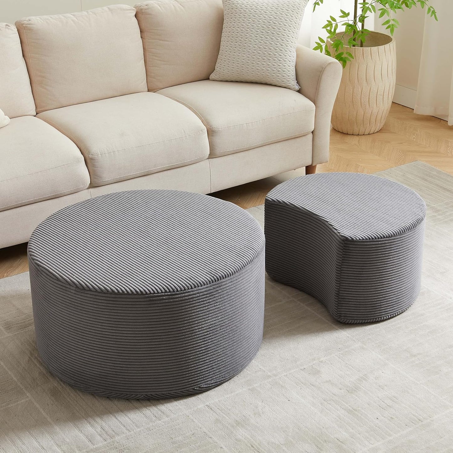 WILLIAMSPACE 50" Foam Nesting Coffee Table Set of 2, Modern Upholstered Round Center Tables for Living Room, Accent Side Tea Table Ottoman, No Assembly - Grey