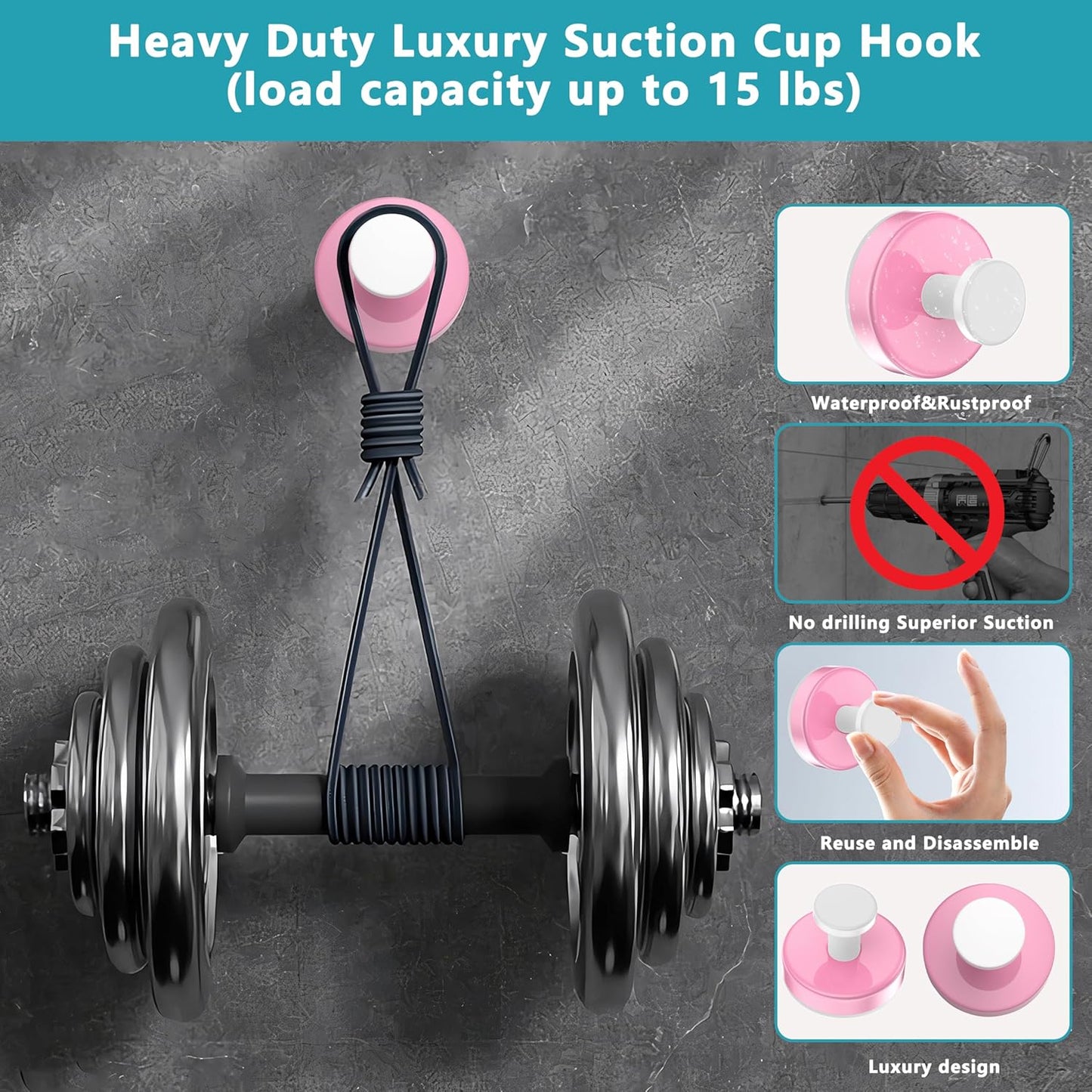 Suction Cup Hooks for Shower,Removable No Drill Towel Hooks,Upgraded 15 lbs Strong Suction hooks for Bathroom Tile,Shower Wall,Glass Door,Kitchen-Loofah,Coat,Stainless Waterproof-Pink White 4 Pcs