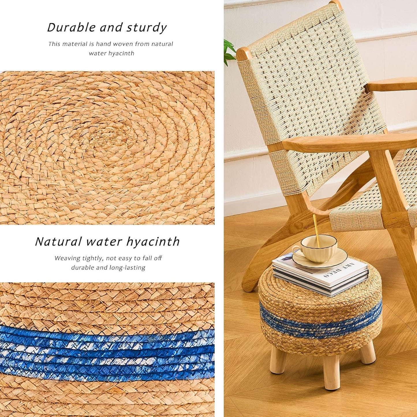 Handwoven Round Ottoman, Natural Water Hyacinth Outdoor Patio Pouf Seagrass Low Stool with Wood Legs, Soft Padded Footrest for Living Room Bedroom Garden, Blue