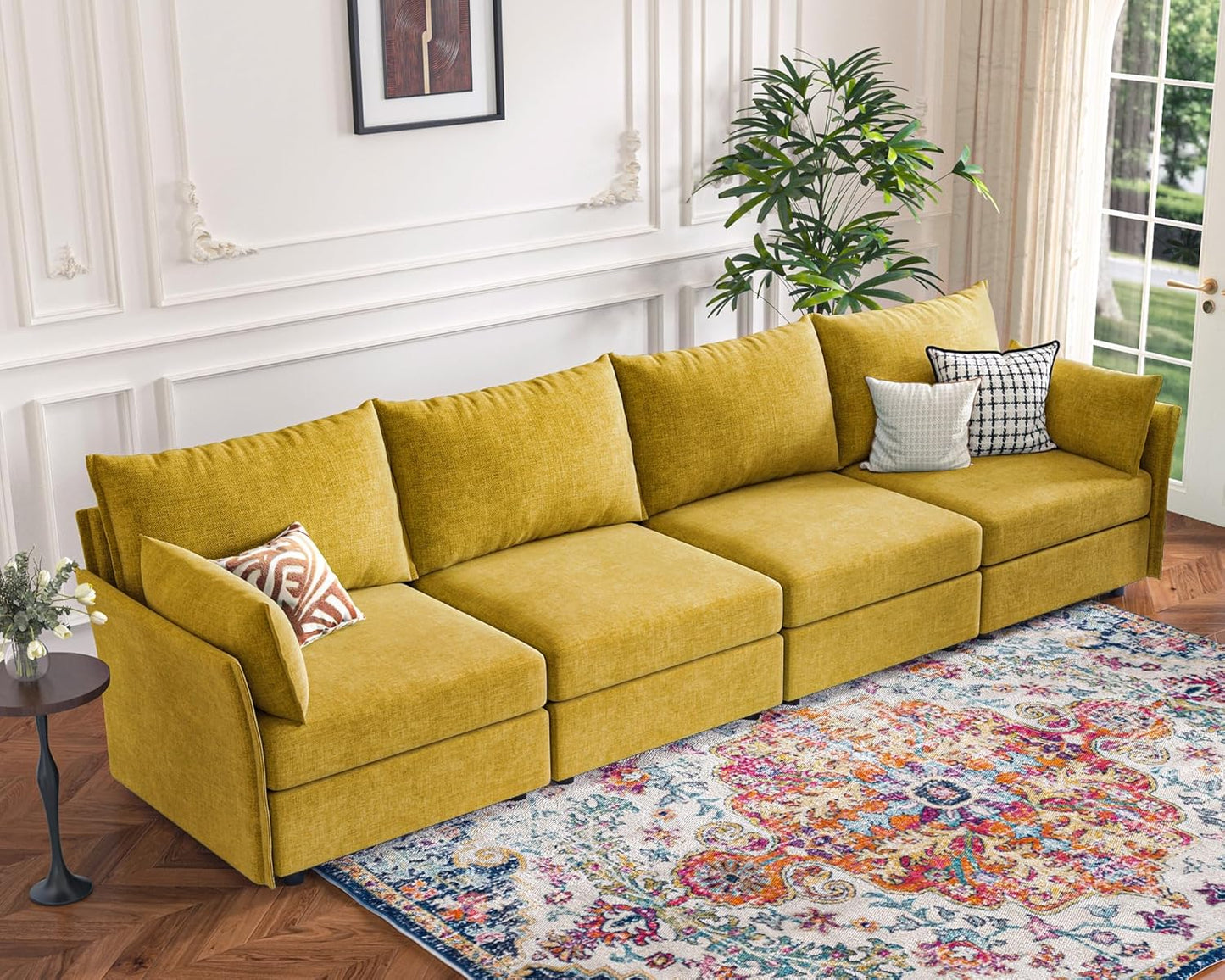 134.6" Modular Sectional Sofa, Oversized 4 Seater Couch with Removable Yellow Chenille Fabric Cover, Deep Seat & High Backrest for Living Room, Office & Apartment