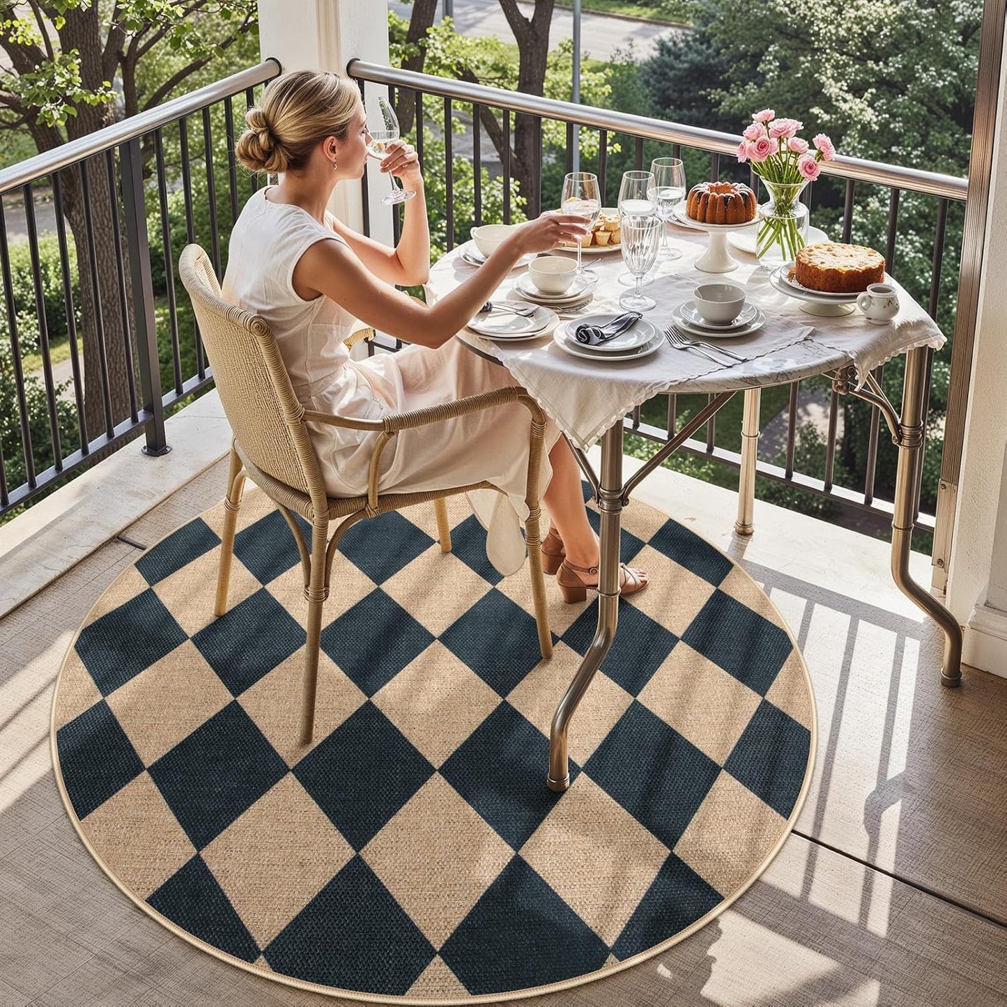 Lahome Checkered Round Entryway Rug 4ft, Circle Indoor Outdoor Patio Rug Washable Farmhouse Easy Jute Kitchen Rugs, Contemporary Non Slip Round Carpet for Bedroom Front Porch