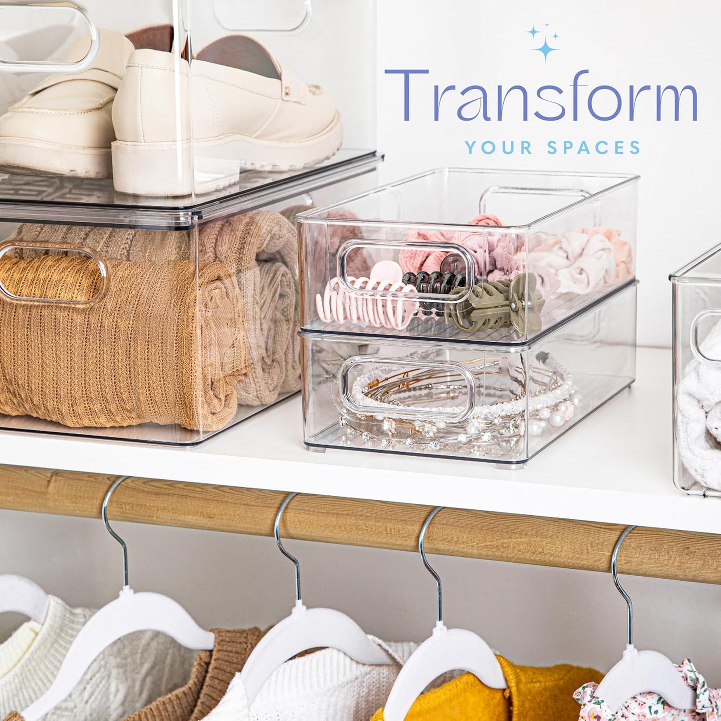 Plastic Food Storage 2 Pack Clear Container Bin with Handles for Organizing Kitchen, Pantry, Refrigerator, Freezer, Pantry, Cabinet, Closet, Bathroom. Stackable 10”x6”x3”