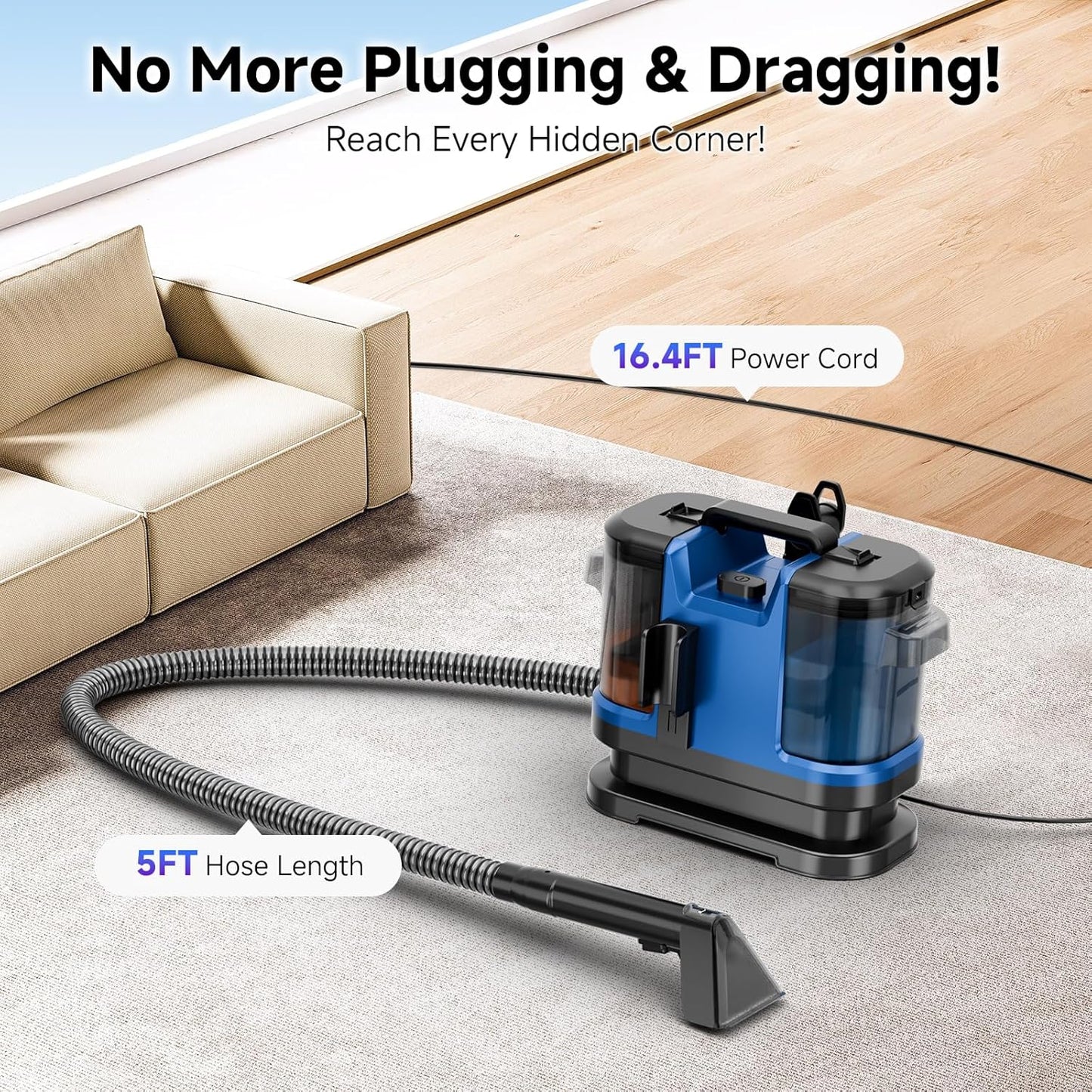 Portable Spot Cleaner Machine for Carpet and Upholstery - 18Kpa Carpet Cleaner with Dual BrushHeads, Easy Move, Cleaning Machine for Furniture, Couch, Stairs, Car and Pet Stain, Blue