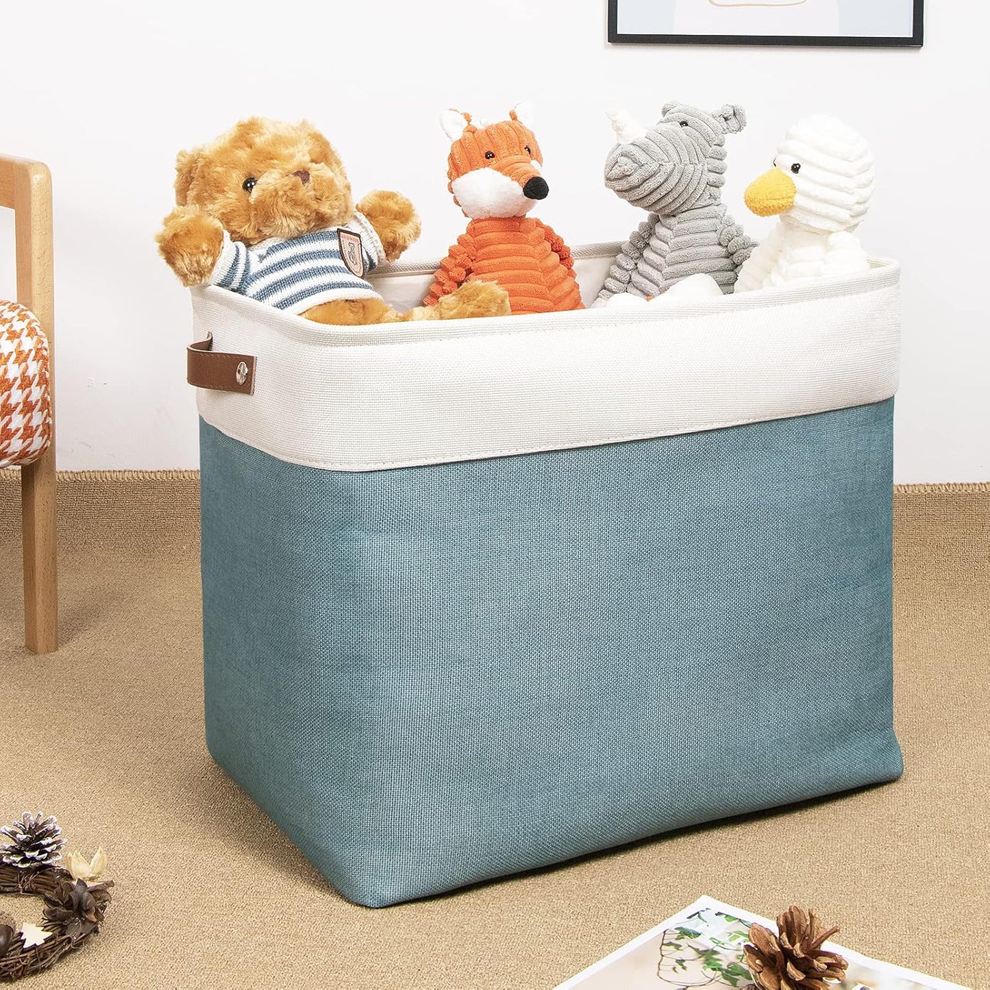 DULLEMELO Large Collapsible Storage Basket/Bin with Sturdy Leather Handles, Fabric Organizer Bin for Storage Clothes, Toys, Books, Office, Bedroom, Closet, Nursery & Laundry (White&Teal)