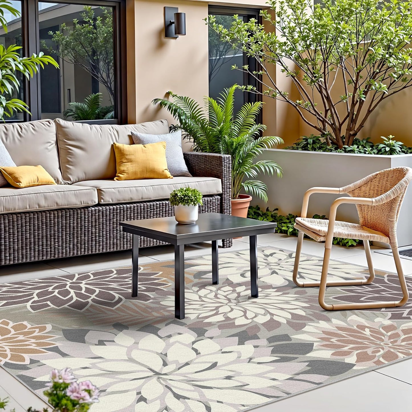 Indoor Outdoor Area Rug Washable Multicolored Patio Rug Tropical Botanical Modern Floral Indoor Outdoor Carpet Brown White Rug Non Slip Non Shedding for Patio, Deck, Backyard, Porch (9x12)