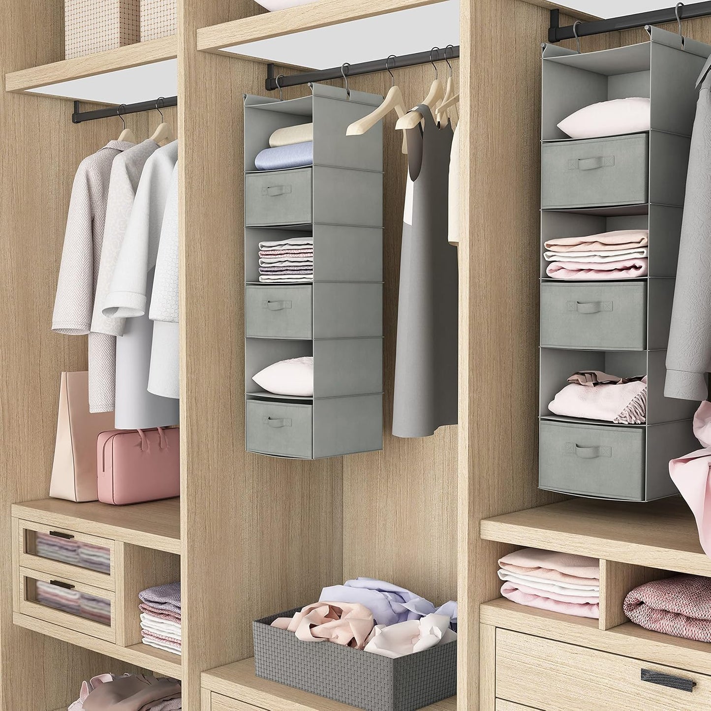 MAX Houser 6 Tier Shelf Hanging Closet Organizer, Closet Hanging Shelf with 2 Sturdy Hooks for Storage, Foldable (Light Grey-D3)