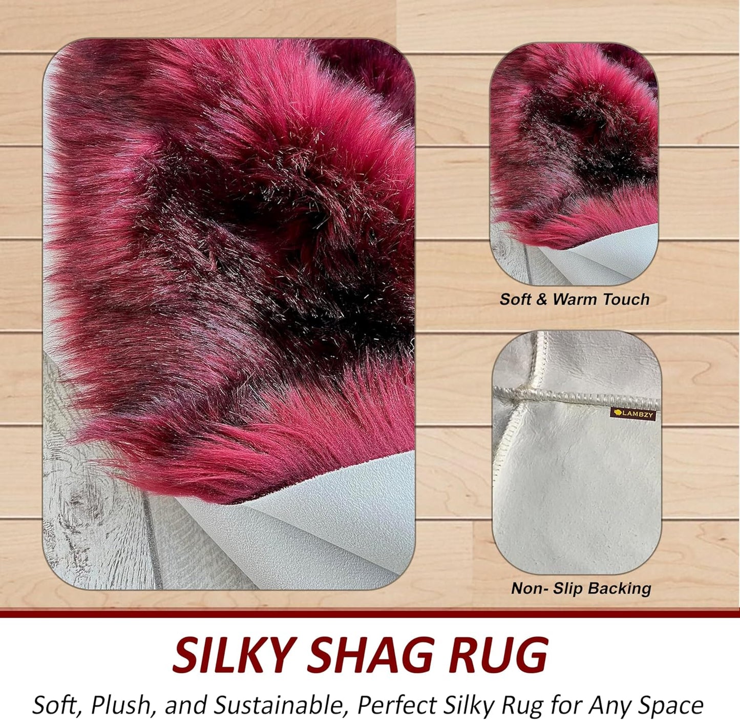 LAMBZY Faux Sheepskin Super Soft Hypoallergenic Free Shape Silky Shag Rug, Luxury Shaggy Plush Carpet for Bedrooms Living Kids Room Sofa Rugs (Burgundy, Quarto 4 Pelts 4'x6')