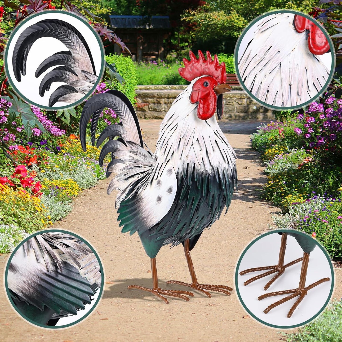 Rooster Garden Statue Sculpture Metal Chicken Yard Decor Outdoor Figurines Patio Backyard Decoration