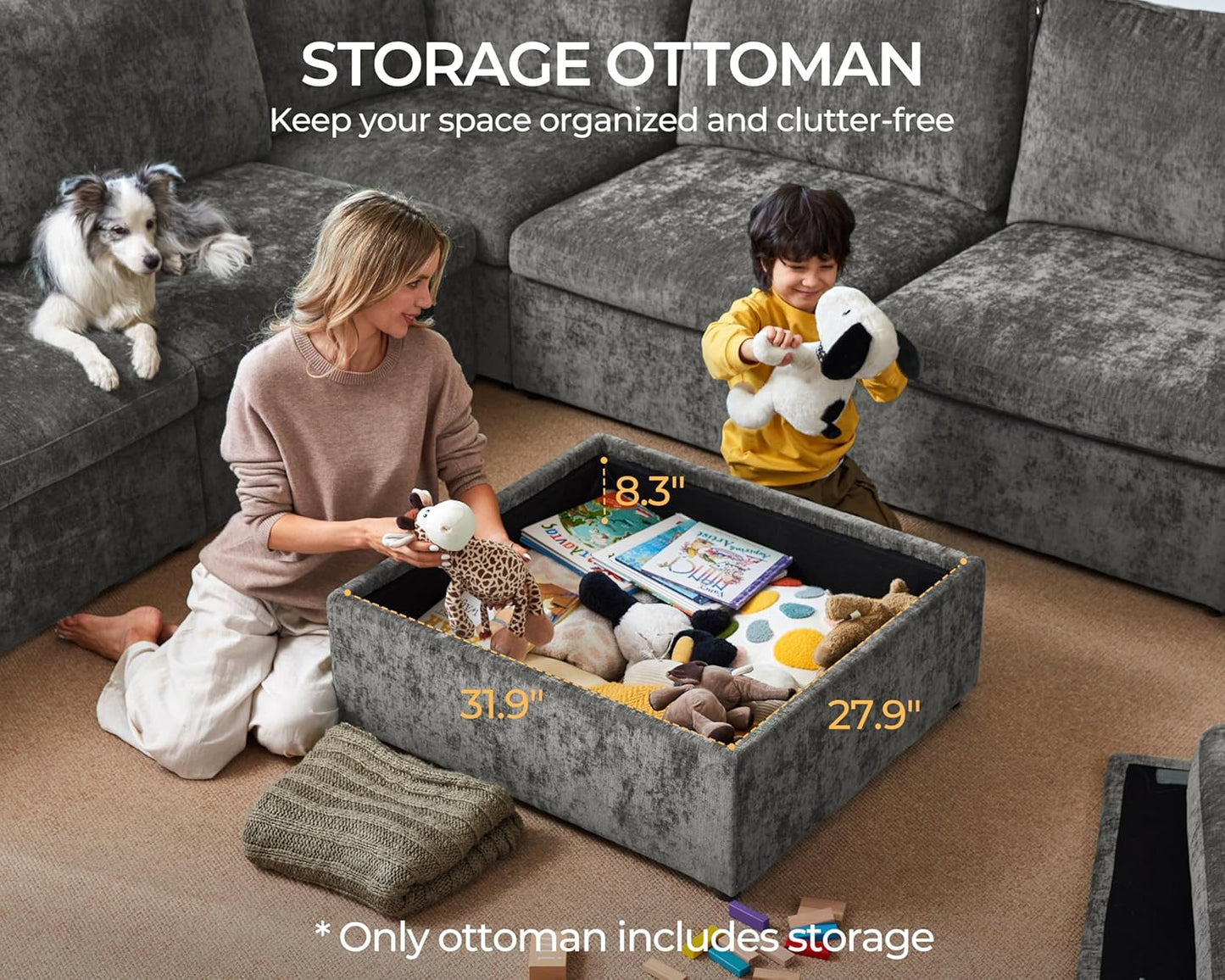 Oversized Modular Sofa Comfy Cloud Couch with Storage, Extra Deep Plush Sectional Sofa Set for Living Room, Covers Washable, Chenille, Olar (Grey, 6-Seater with 3 Ottomans, Sleeper)