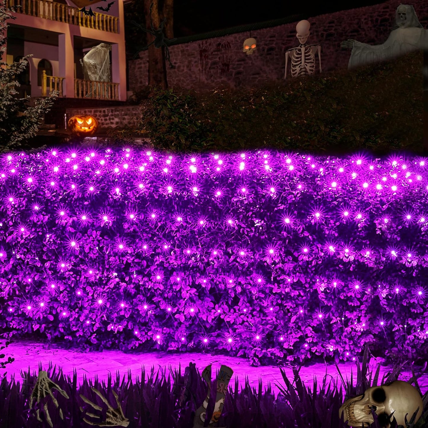 WBao Solar Halloween Lights Outdoor, 200LED 8.4ft x 5.2ft Halloween Net Lights with Remote, 8 Modes, Timer, IP65 Waterproof & Dark Green Wire for Lawn, Bushes, Trees Outdoor Decorations, Purple