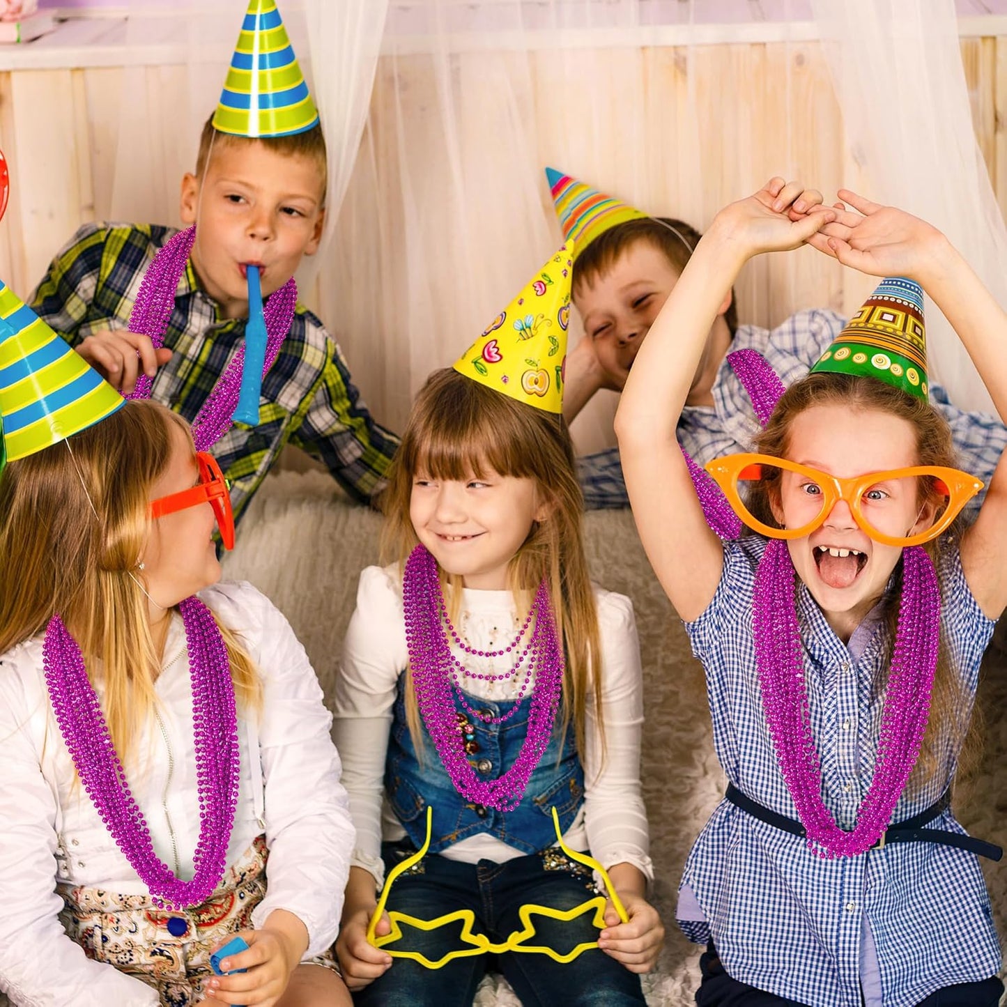 50PCS Bead Necklace, Metallic Mardi Gras Pink Bead Necklace, 33" Mardi Gras Round Beaded, Festival Parade Throw for Breast Cancer Awareness Accessories Gender Reveal Party Supplies Decor