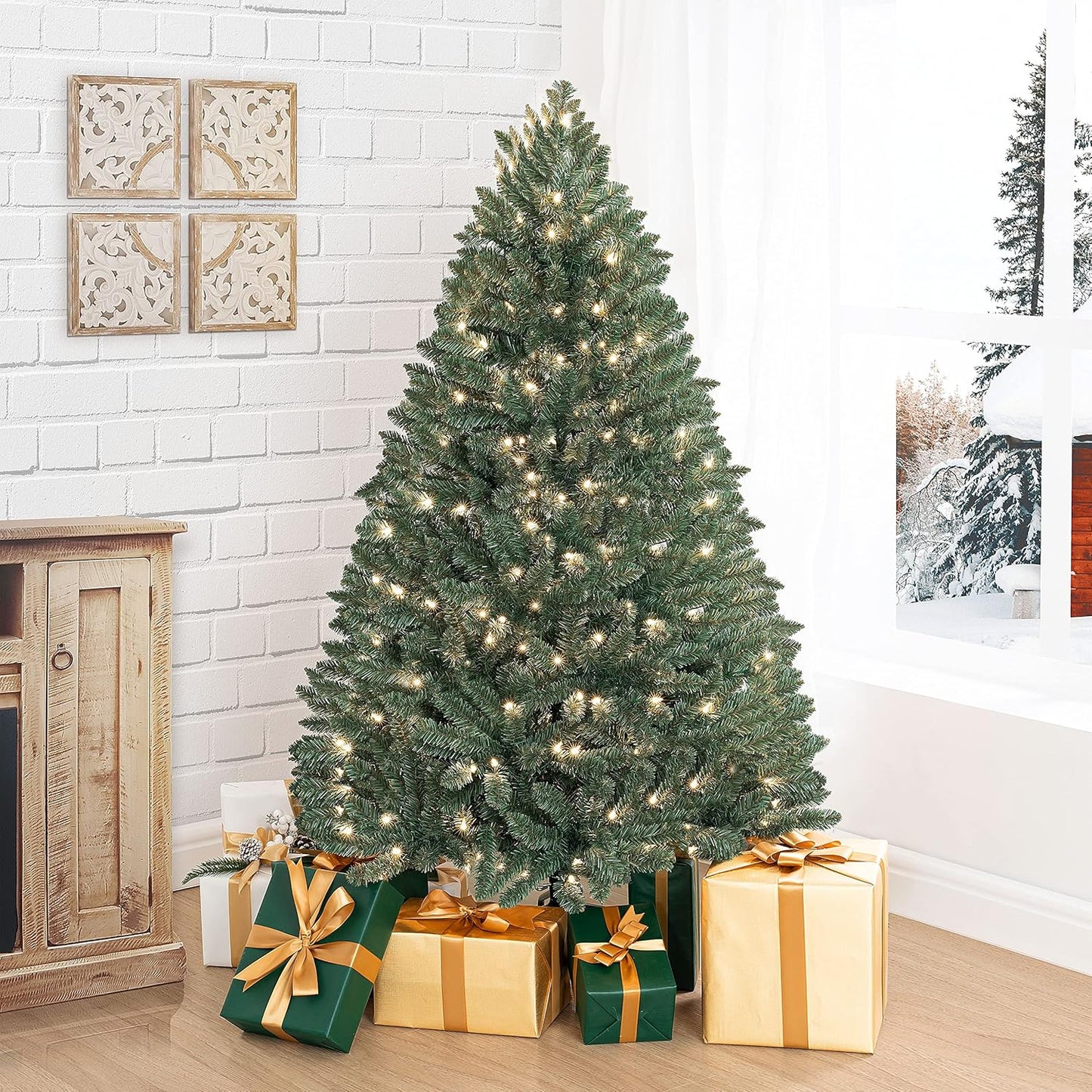 Prague 4.5ft Prelit Artificial Christmas Tree with Foot Pedal, 674 Branch Tips, 250 Warm Lights and Metal Stand, 39" Wide Realistic Spruce Prelit Christmas Tree with Lights by Naomi Home