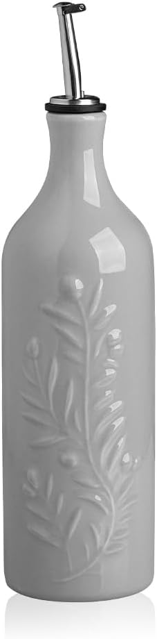 Sweejar Large Olive Oil Dispenser Bottle with Spout, 24 Oz Ceramic Oil Dispenser for Kitchen, Relief Opaque Oil Cruet, Oil Container for Cooking, EVOO, Avocado Oil, Vinegar, Pack of 1(Gray)
