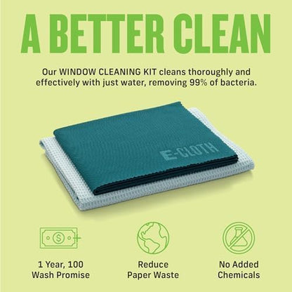 E-Cloth Window Cleaning Cloth - Eco Packaging - Glass Cleaning Cloth, Streak-Free Windows with Just Water, Microfiber Towel Kit for Windows, Car Windshield, Mirrors - Winter Green - 2pack