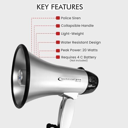 Technical Pro 20 Watts Lightweight Portable 300M Range Megaphone Bullhorn with Strap, Siren, and Volume Control, Good for Trainers, Soccer, Football, Baseball, Coaches