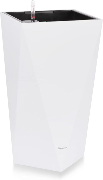 Dexceder 20 Inches Tall Self Watering Planter Diamond High Gloss Indoor Outdoor, Thickened Rhombus Large Floor Standing Flower Plant Pot with Water Level Indicator (White)