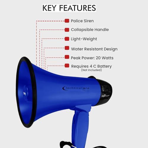 Technical Pro 20 Watts Lightweight Portable 300M Range Megaphone Bullhorn with Strap, Siren, and Volume Control, Good for Trainers, Soccer, Football, Baseball, Coaches