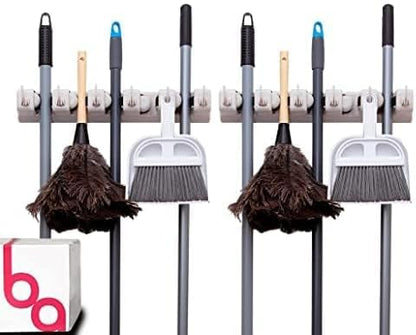 Berry Ave Broom Holder & Wall Mount Garden Tool Organizer- Kitchen, Closet, Garage & Laundry Room Storage With 5 Slots And 6 Hooks- Wall Holder For Broom, Rake & Mop Handles Up To 1.25” [Beige 2-Pack]