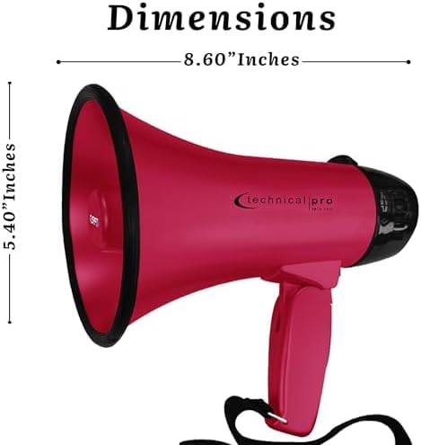 Technical Pro 20 Watts Lightweight Portable 300M Range Megaphone Bullhorn with Strap, Siren, and Volume Control, Good for Trainers, Soccer, Football, Baseball, Coaches