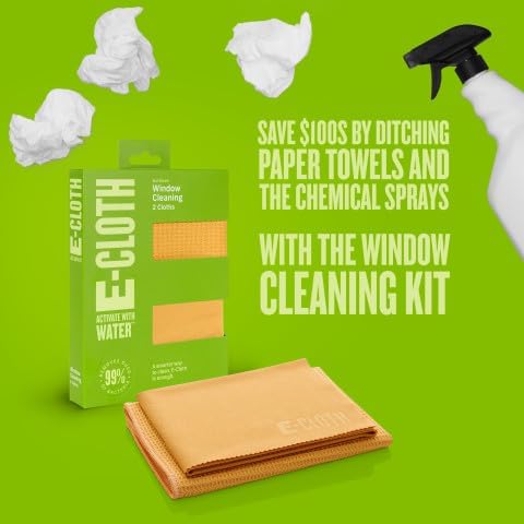 E-Cloth 2-Pack Window Cleaning Cloth - Streak-Free Glass & Mirror Cleaning Kit with Just Water, Glass Cleaning Cloth, Microfiber Towel Kit for Windows, Car Windshield, Mirrors - Tangerine Orange