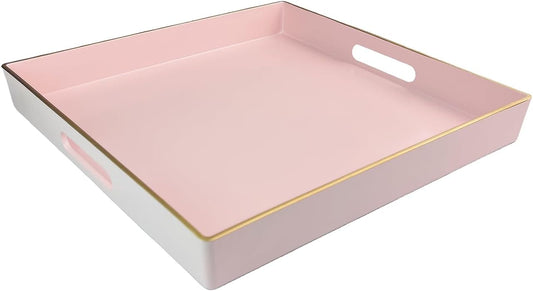 Pink Decorative Tray, Square Serving Tray with Handles, Plastic Coffee Table Tray for Ottoman, Living Room, Kitchen Tabletop, 13"x13"x1.6"