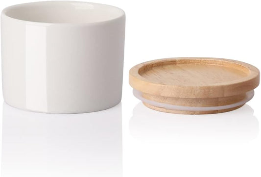 Sweejar Kitchen Canisters Ceramic Food Storage Jar, Stackable Containers with Airtight Seal Wooden Lid for Serving Ground Coffee, Tea, Sugar, Spice and More - 5 Fl Oz(White)