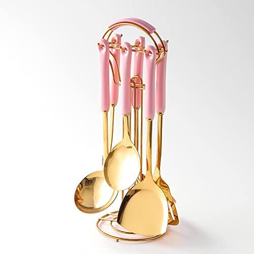 Generic Stainless Steel Kitchen Utensil Set, Spoon, Spatula, Pasta Server, Small Spatula (Pink & Gold)