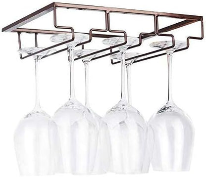 Wine Glass Rack - Under Cabinet Stemware Wine Glass Holder Glasses Storage Hanger Metal Organizer for Bar Kitchen Brown