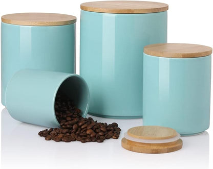 Sweejar Kitchen Canisters Ceramic Food Storage Jar Set, Stackable Containers with Airtight Seal Bamboo Lid for Serving Ground Coffee, Tea,Grains, Herbs,Sugar, Salt and More - Pack of 4（Turquoise）