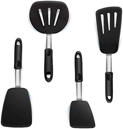 Set of 4 Silicone Spatula Utensils by Boxiki Kitchen. Professional Silicone and Stainless Steel Kitchen Spatula for Cooking, Pancakes, Eggs and Fish.