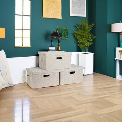 Medium 15" 21 Quart Collapsible Stackable Storage Bins with Lids, 3 Packs Beige Foldable Fabric Closet Boxes Heavy-duty Linen Cube Baskets Container for Bedroom Office (15 x 11 x 8)