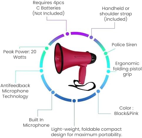 Technical Pro 20 Watts Lightweight Portable 300M Range Megaphone Bullhorn with Strap, Siren, and Volume Control, Good for Trainers, Soccer, Football, Baseball, Coaches
