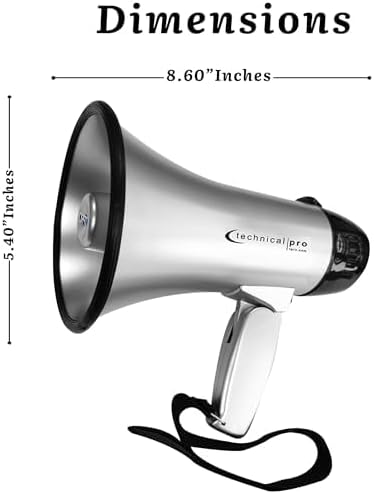 Technical Pro 20 Watts Lightweight Portable 300M Range Megaphone Bullhorn with Strap, Siren, and Volume Control, Good for Trainers, Soccer, Football, Baseball, Coaches
